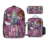 YINGD Teen Monster High Backpack Trio Combo Durable Bookbag Insulated Food Carrier and Stationery Organizer