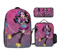 YINGD Teen Monster High Backpack Trio Set Large Bookbag Insulated Food Bag and Multi Pocket Pencil Case for Students