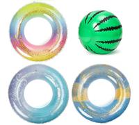 YINGENIVA Inflatable Swimming Ring Set 4Pcs - 3 Sequin Sequins Glitter Pool Floats with Watermelon Beach Ball, Durable PVC Summer Swim Rings for Kids, Outdoor Water Toys for Pool Beach Parties