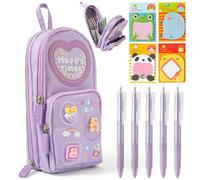 YINGENIVA Pencil Case for Girls Backpack Shaped Stationery Set with Compartments, Large Capacity Pouch for School Supplies, Includes 5 Pens 4 Animal Sticky Note Pads for Kids Back to School, Purple