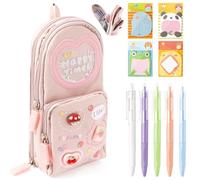 YINGENIVA Pencil Case for Girls Backpack Shaped Stationery Set with Compartments, Large Capacity Pouch for School Supplies, Includes 5 Pens and 4 Animal Sticky Note Pads for Kids Back to School, Pink
