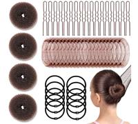 YINGFENG 134 Pcs Brown Hair Bun Maker Kit for Kids Small - 4 Hair Donuts for Buns, 20 Hair Nets for Buns, 100 U Shaped Bobby Pins, 10 Hair Bands, for Girls, Ballet Dance, Hair Accessories for Women