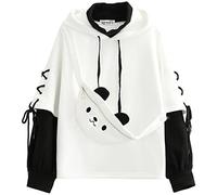 YINGKE Women's Anime Bear Hoodie Kawaii Crewneck Fake Two-Piece Long Sleeve Fashion Streetwear Harajuku Pullover for Girls (S, White)