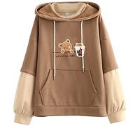 YINGKE Women's Cute Bear Embroidery Hoodie Girl Kawaii Sweatshirt Long Sleeve Pullover Harajuku Streetwear for Autumn Winter (M, Brown)