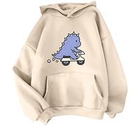 YINGKE Women's Dinosaur Hoodie Girls Cute Anime Print Sweatshirt Kawaii Pullover Long Sleeve Jumper for Teens (XS, Beige Motor)