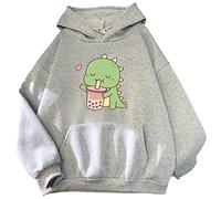 YINGKE Women's Dinosaur Hoodie Girls Cute Anime Print Sweatshirt Kawaii Pullover Long Sleeve Jumper for Teens (XS, Grey Dinosaur)