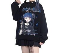 YINGKE Women's Japanese Cute Kawaii Anime Pattern Hoodies Girls Harajuku Style Pullover Sweatshirt(L,Blue-black)