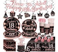 Yingoto 182PCS 18th Birthday Decorations for Girls Tableware Set, Rose Gold 18th Birthday Plates and Napkins Pre-strung Banner Waterproof Tablecloth Time to Adult Party Decorations for 25 Guests