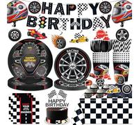 Yingoto 187Pcs Race Car Birthday Party Decorations Tableware Set Serve 25, All-in-1 Cars Birthday Decorations Includes Banner, Plates, Tablecloths, Cake Decorations, Balloons for Race Car Themed Party