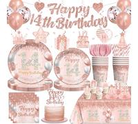 Yingoto 193pcs 14th Birthday Decorations for Girls Complete Tableware Set, 14 Birthday Decorations for Girls, for 25 Guests, Rose Gold 14-year-old Party Supplies, Includes Plates, Banner