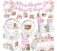 Yingoto 205pcs Book Themed Party Decorations Complete Party Set, for 25 Guests, All-in-one A New Chapter Begins Baby Shower, includes Pre-strung Banner Tableware Balloon Cake Decor Tablecloth