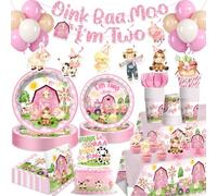 Yingoto 213pcs Oink Baa Moo Im Two Party Decorations for Girl Serves 25