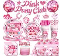 Yingoto Pink Pony Club Decorations with Cake Topper, 25 Serves pink pony club Disposable Tableware Set, with 2pcs Table Cloth, Banner, for Disco Cowgirl and Bachelorette Party Decorations