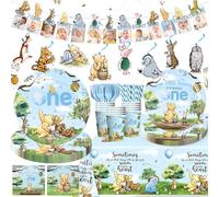 Yingoto Winnie 1st Birthday Decorations - All-in-One Tableware Kit (150 PCS) with Banner, Tablecloth, Plates and Napkins, for Boy First Birthday, Serves 20 Guests