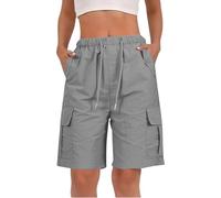Yinguo Cargo Shorts Women - Elasticated Shorts Women smart Casual Knee Length Elasticated Waist with Pockets Cotton Linen Lightweight Summer Loose Baggy fit Plus Size Casual Holiday Grey