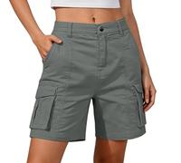 Yinguo Cargo Shorts Women - Elasticated Waist Shorts for Women UK Cotton Linen Lightweight Summer Loose Baggy fit Plus Size Casual Holiday Hiking Walking Work Gardening Beach Travel Knee Length
