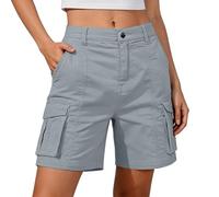 Yinguo Cargo Shorts Women - Stretch Cargo Shorts smart Casual Knee Length Elasticated Waist with Pockets Cotton Linen Lightweight Summer Loose Baggy fit Plus Size Casual Holiday Hiking Walking Grey
