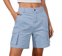 Yinguo Cargo Shorts Women - Stretchy Work Shorts smart Casual Knee Length Elasticated Waist with Pockets Cotton Linen Lightweight Summer Loose Baggy fit Plus Size Casual Holiday Hiking Walking
