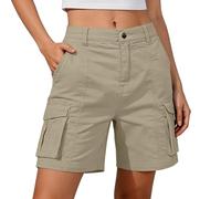Yinguo Cargo Shorts Women - Womens smart Shorts smart Casual Knee Length Elasticated Waist with Pockets Cotton Linen Lightweight Summer Loose Baggy fit Plus Size Casual Holiday Hiking Walking Khaki
