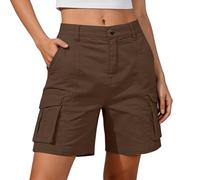 Yinguo Cargo Shorts Women - Women's Work Shorts Casual Holiday Hiking Walking Work Gardening Beach Travel smart Casual Knee Length Elasticated Waist with Pockets Cotton Linen Loose Baggy fit Coffee
