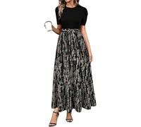 Yinguo Dresses for Women UK,Summer Dresses for Women UK 2025 Elegant Boho Vacation Floral Tie Belted Patchwork Empire Waist Short Sleeve Modest Elegant Beach Flowy Maxi Dress
