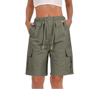 Yinguo Ladies Cargo Shorts - Shorts for Women Plus Size Casual Holiday Hiking Walking Work Gardening Beach Travel smart Casual Knee Length Elasticated Waist with Pockets Cotton Linen Green