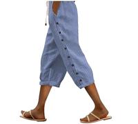 Yinguo Ladies Summer Cropped Trousers Size 20 Blue, Women's Casual Cotton+Linen Blend Mid Rise Capri Length Trousers