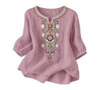 Yinguo Ladies Tops - Broderie Anglaise Shirt Half Sleeve Open Neck Loose Fitting Elegant Embroidered Boho Evening Holiday Outfit Beach Green Sky Blue Khaki Size 12 Breathable Lightweight