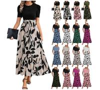 Yinguo Maxi Dresses for Women UK,Summer Dresses for Women UK 2025 Elegant Boho Vacation Floral Tie Belted Patchwork Empire Waist Short Sleeve Modest Elegant Beach Flowy Maxi Dress