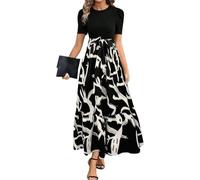 Yinguo Maxi Dresses for Women UK,Summer Dresses for Women UK 2025 Elegant Boho Vacation Floral Tie Belted Patchwork Empire Waist Short Sleeve Modest Elegant Beach Flowy Maxi Dress