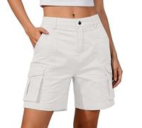 Yinguo Shorts for Women UK - Cargo Shorts with Zip Pockets Loose Baggy fit Plus Size Casual Holiday Hiking Walking Work Gardening Beach Travel smart Casual Knee Length Elasticated Waist White