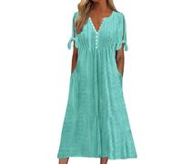 Yinguo Women Dresses,Summer Dresses for Women UK 2025 Causal V-Neck Button Short Sleeve Vacation Floral Dress with Pockets Ladies Maxi Printing Party Club Elegant Beach Dress Mint Green 3XL