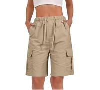 Yinguo Womens Shorts - Short Women Knee Length Elasticated Waist with Pockets Cotton Linen Lightweight Summer Loose Baggy fit Plus Size Casual Holiday Hiking Walking Work Gardening Khaki