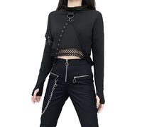 YINGWIN Goth Grunge Punk With Chain Black Hoodies Goth Streetwear Long Sleeve Hole Pullover Cropped Tops Streetwear E Girl Sweatshirt