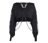 YINGWIN Goth Print Crop Tops for Women Y2K Emo Long Sleeve Hoodie Black XL