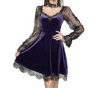 YINGWIN Lace Trim Velvet A-Line Gothic Lolita Dress Women Sexy Long Sleeve V Neck Slim Mini Dress Cosplay Party Costume Dresses Purple