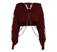 YINGWIN Ladies Y2K Reflective Print Crop Hoodie Long Sleeve Tops Red M