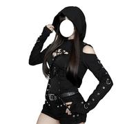 YINGWIN Women Gothic Hoodies Goth Crop Top Extremely Short Sweatshirt Jumpers with Chain Women Punk Hooded Sweatshirt