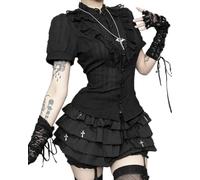 YINGWIN Womens Shirts Gothic Short Sleeve Blouse Victorian Black Shirts Lace Ruffle Trim Crew Neck Crop Top