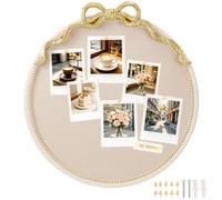 YINGXUN Vintage Round Bow Linen Pin Board, 23.6" | Baroque style wall display board with wood beads and bow, solid wood frame fabric board for home office wall decor