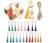 YINGYOU 36 Pcs DIY Wooden Craft Bookmark Wood Blank Bookmarks Unfinished Rectangle Shape Blank Bookmark with 21 Pcs Multiple Colour Tassel Ropes for Christmas DIY Wedding Birthday Party Decoration