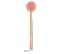 Yinhing Double Sided Shower Brush Long Handle Exfoliating Dry Wet Use Nylon Silicone Bath Body Brush for Back Cleaning and Lymphatic Massage Bamboo Handle 17 Inch (Pinkish)