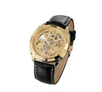 Yinhing Fashionable Au Tomatic Mechanical Wristwatch for Men Silver and Brown PU Leather Strap Elegant Timepiece with Garnet Dial for Daily Wear and Special (Gold Surface Gold Shell Black Belt)