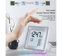 Yinhing Multifunctional Electronic Alarm Clock with Human Body Sensor Weather Forecast Temperature and Humidity Display for Home Office Bedroom White 12.3cm