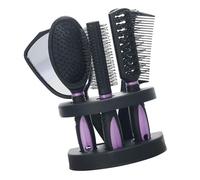 Yinhing Set of 5 Professional Hair Combs and Mirrors Kit Salon Quality Hair Cutting Brushes With Holder Stand Essential Hairdressing Styling Tools for Men and Women With Ergonomic Design (Purple)