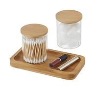 YININE Bamboo Vanity Tray, Bathroom Tray Organizer Glass Qtip Holder Dispenser Apothecary Jars for Cotton Swabs Balls Round Pad Perfume Candles Cosmetics Jewelry Makeup