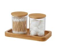 YININE Glass Qtip Holder Bathroom Jars with Vanity Tray, Apothecary Jars Bathroom Canisters Containers Q Tip Jars for Cotton Ball Pad Round, Cotton Swabs, Hair Ties, Floss, Perfume and Small things