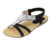Yinka Shoes Ladies Faux Leather Open Toe Jewel Diamante Encrusted T Bar Elastic Sling Back Flat Gladiator Summer Sandals Size 4-8 (4 UK, Black)