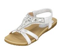 Yinka Shoes Ladies Faux Leather Open Toe Jewel Diamante Encrusted T Bar Elastic Sling Back Flat Gladiator Summer Sandals Size 4-8 (7 UK, Silver)