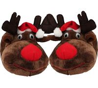 Yinka Shoes Ladies Mens Kids Red Nose Reindeer Christmas Santa Hat Plush Character Festive Xmas Novelty Slippers (Brown, UK Footwear Size System, Adult, Men, Numeric, Medium, 9)